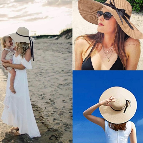 Beige Floppy Beach Straw Hat, Foldable Wide Brim with Bowknot UPF50 - Picture 3 of 7